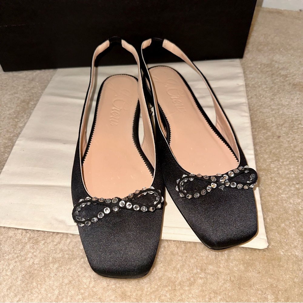 NWT J. Crew Black Anya Crystal Bow Square Toe Ballet Slingback Fats 8.5